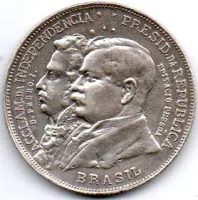 1922 - 2000 Réis - Prata .900 - Aprox. 8g - 26mm - Comemorativa Centenário da Independência - Variante D.Pedro. I. (Três pontos) - 