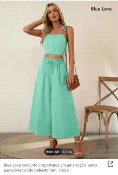 Conjunto cropped alça em amarração e calça pantalona