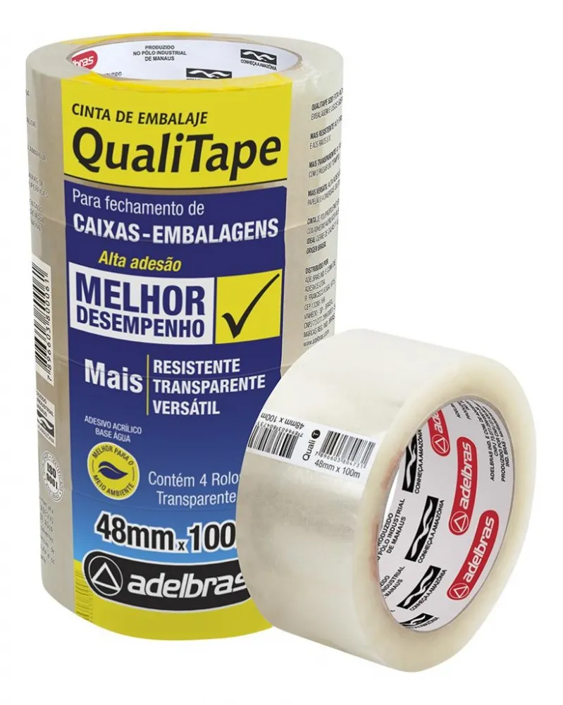 Fita Adesiva PP 48mmx100mt Qualitape Transparente Torre com 4 Rolos