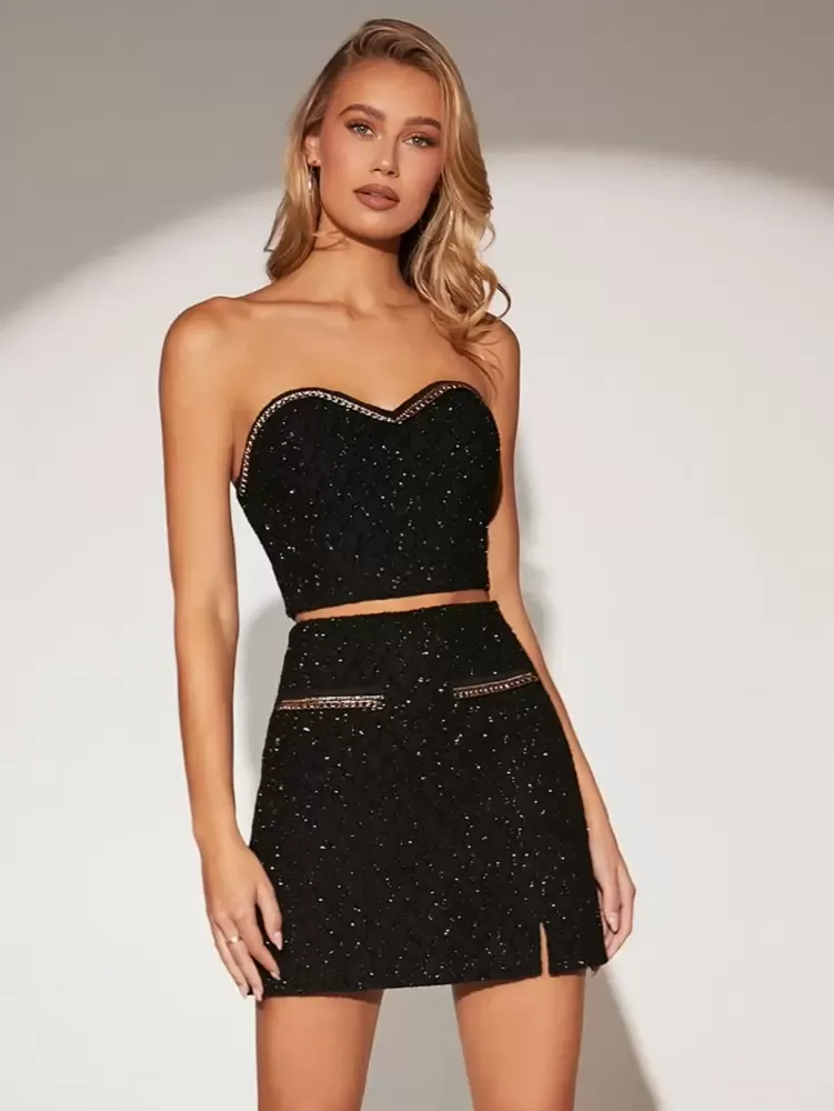 SHEIN BIZwear Zíper nas costas Lantejoula Parte superior do tubo & Saia de bainha dividida