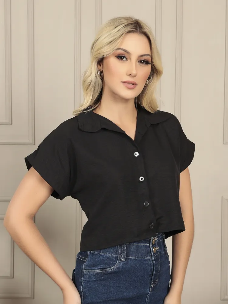 CAMISA DE MANGA CURTA CROPPED EM TECIDO DUNAS FINO