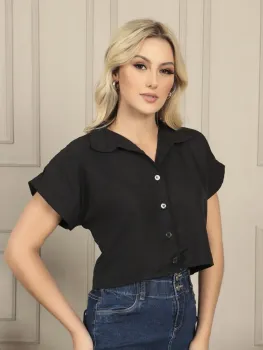 CAMISA DE MANGA CURTA CROPPED EM TECIDO DUNAS FINO
