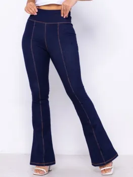 Calça Flare Jeans Feminina Cintura alta costura dupla na frente possui Bolso