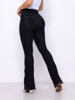 Calça Flare Jeans Feminina Cintura alta costura dupla na frente possui Bolso - Foto 2