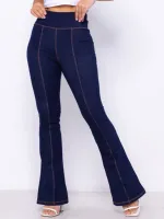 Calça Flare Jeans Feminina Cintura alta costura dupla na frente possui Bolso - Foto 3