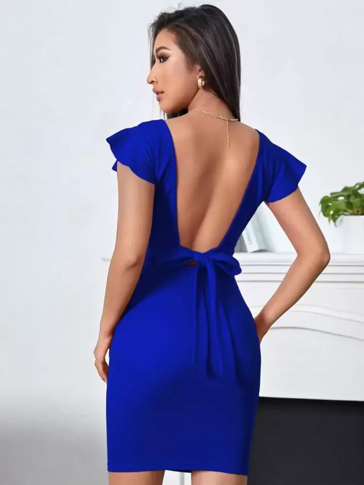 Vestido apertado sem encosto nó manga flutuante gola quadrada