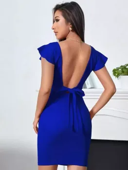 Vestido apertado sem encosto nó manga flutuante gola quadrada