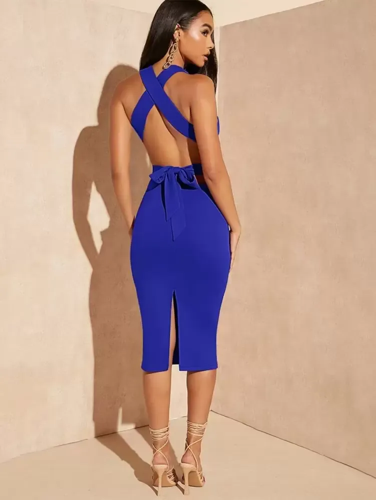 Vestidos Sólido Criss cross Amarrado sem costas Bainha dividida