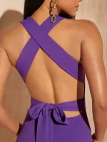 Vestidos Sólido Criss cross Amarrado sem costas Bainha dividida - Foto 4