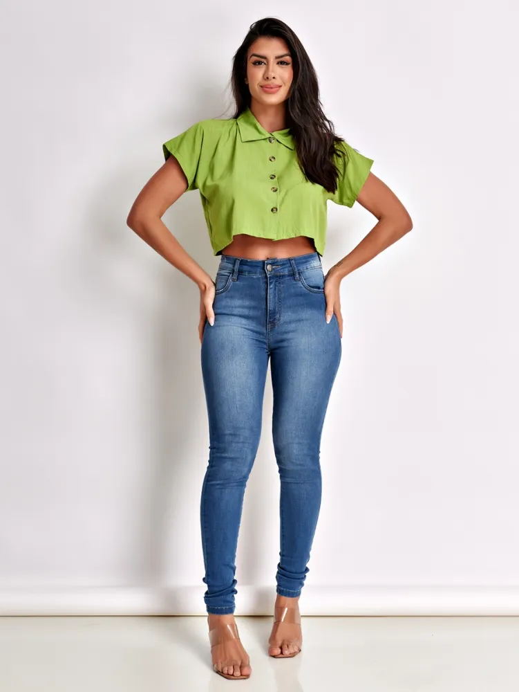  Blusa Feminina Cropped Camisa Social Botões Em Viscolinho  Imagem