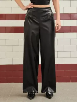 Calças pernas largas Cintura alta Couro do Plutônio