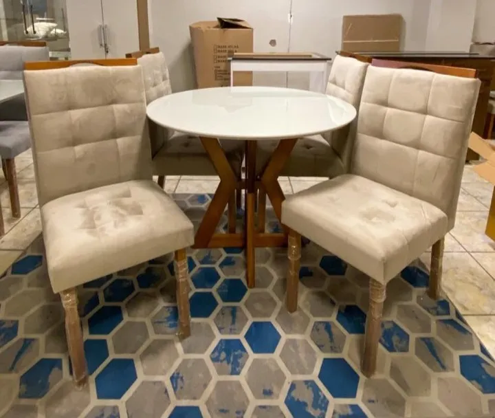 Mesa Ibiza Redonda 100x100 4 Cadeiras  Madeira maciça Tampo de vidro