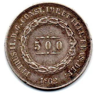 1862 - 500 Réis - Prata .917 - Aprox 6,37 g - 25,5 mm - Moeda Brasil Império
