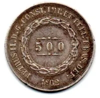 1862 - 500 Réis - Prata .917 - Aprox 6,37 g - 25,5 mm - Moeda Brasil Império