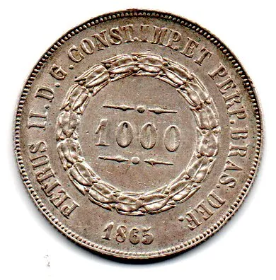 1865 - 1000 Réis - Prata .917 - Aprox. 12,75g - 30mm - Moeda Brasil Império