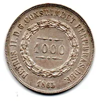 1865 - 1000 Réis - Prata .917 - Aprox. 12,75g - 30mm - Moeda Brasil Império