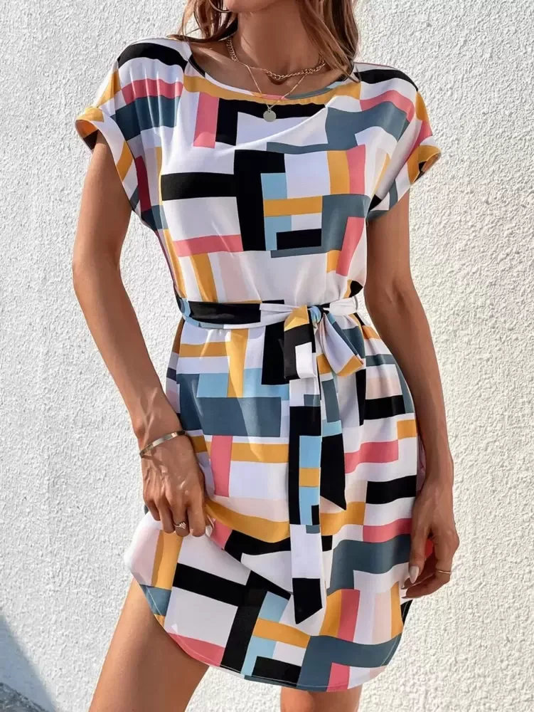 Com cinto Bloco de cores ocasional Vestido