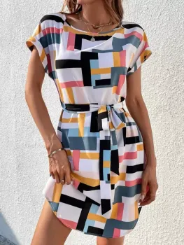 Com cinto Bloco de cores ocasional Vestido