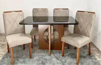 Mesa Madrid  com 4 Cadeiras   califiornia MADEIRA com tampo vidro 120x80 Retangular pontas boleadas
