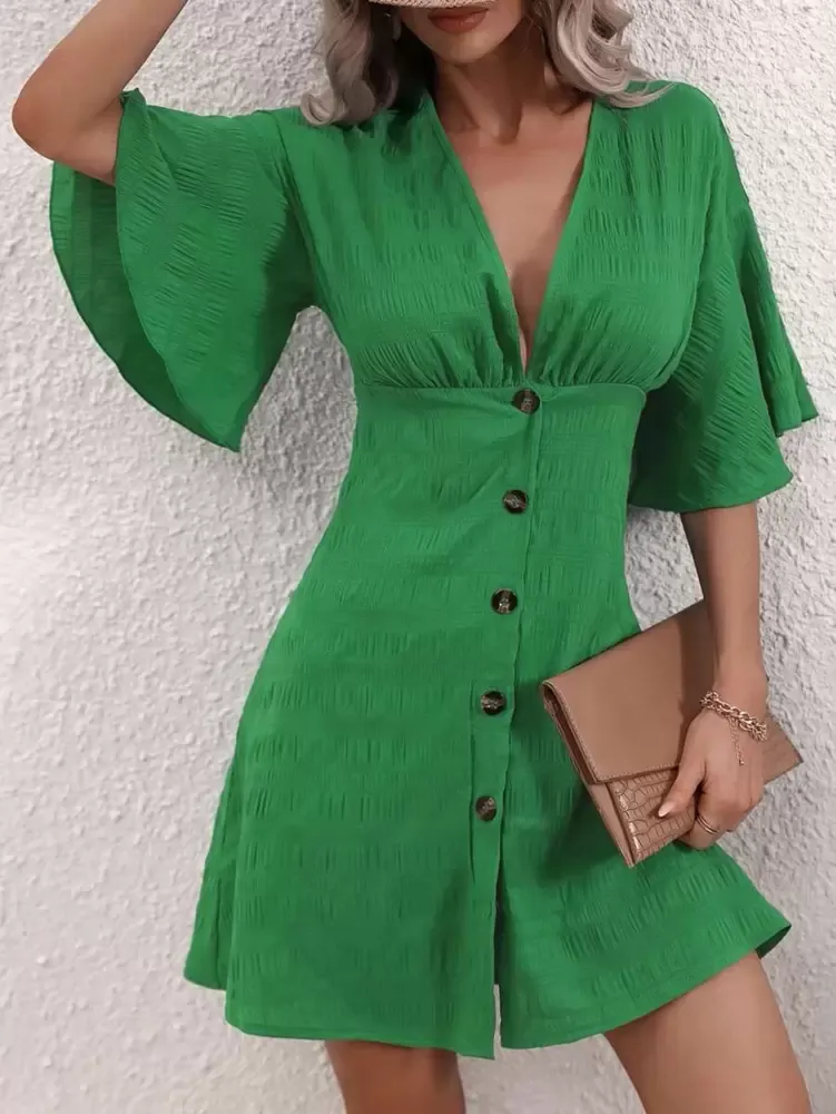 Vestido pescoço de mergulho botão frontal manga de borboleta Imagem