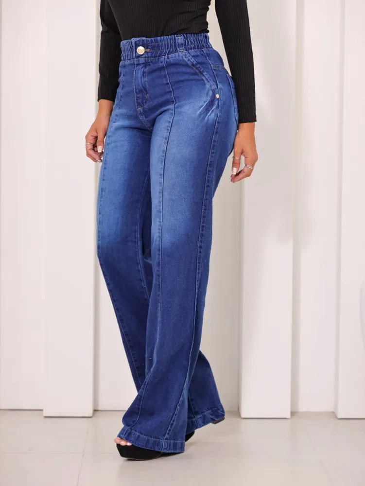 calça Pantalona Jeans Feminina Flare Com Lycra Confortável Do 36 Ao 46 Moda Blogueira Cintura Com Elástico