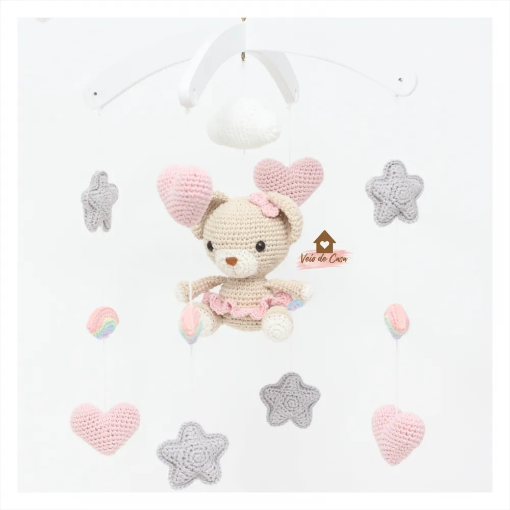 Móbile Ursinha -  Nuvem + Bolinhas + Arco-íris + Corações + Estrelas Imagem