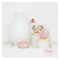 Ursinha + Coração - Kit Higiene Poá - 6 peças - Poá - Bandeja Madeira - Garrafa Vintage