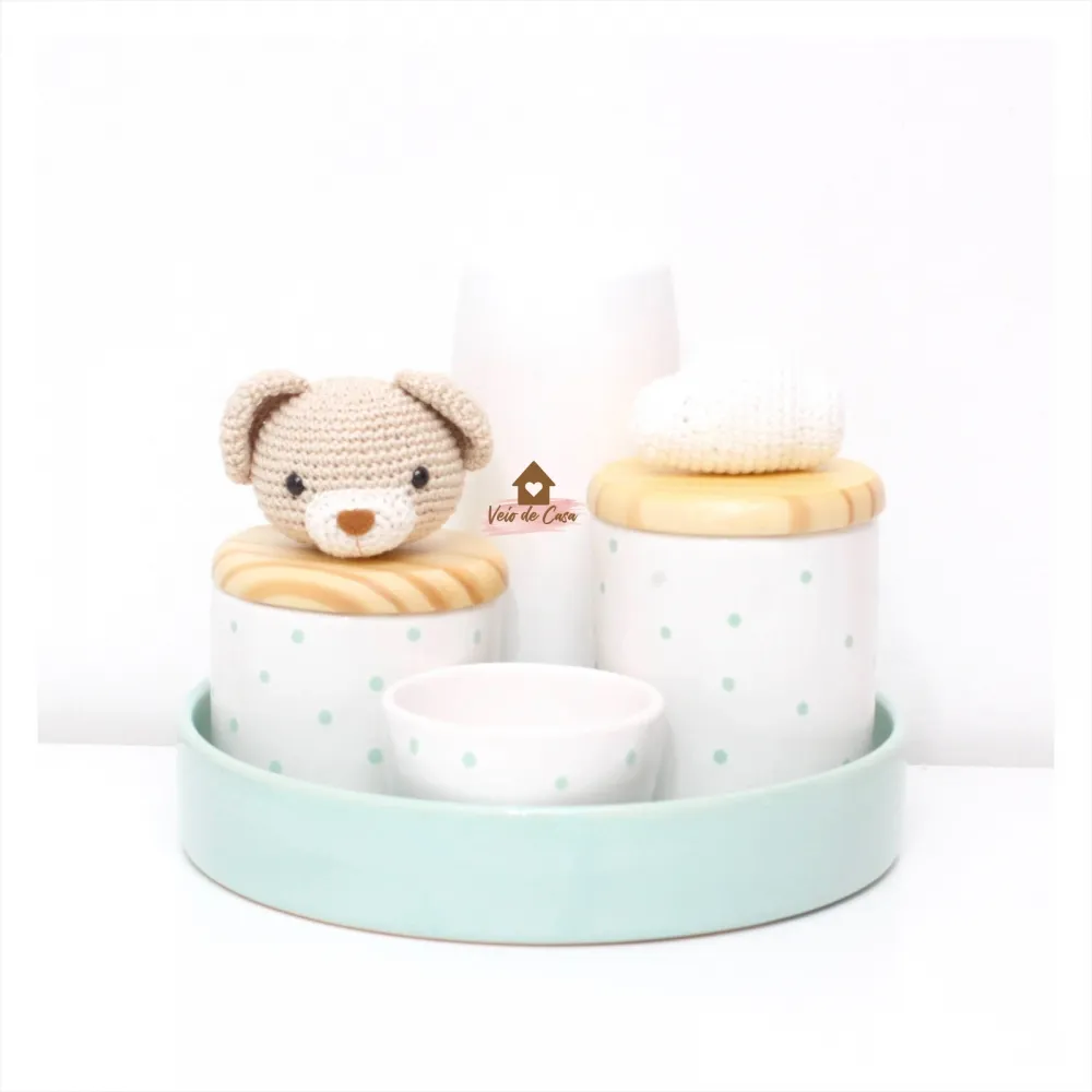 Urso + Nuvem - Kit Higiene - 5 peças - Poá - Bandeja Redonda