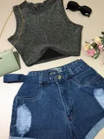 Conjunto Short Jeans Feminino com Cinto e Cropped Gola Alta Lurex - Foto 2