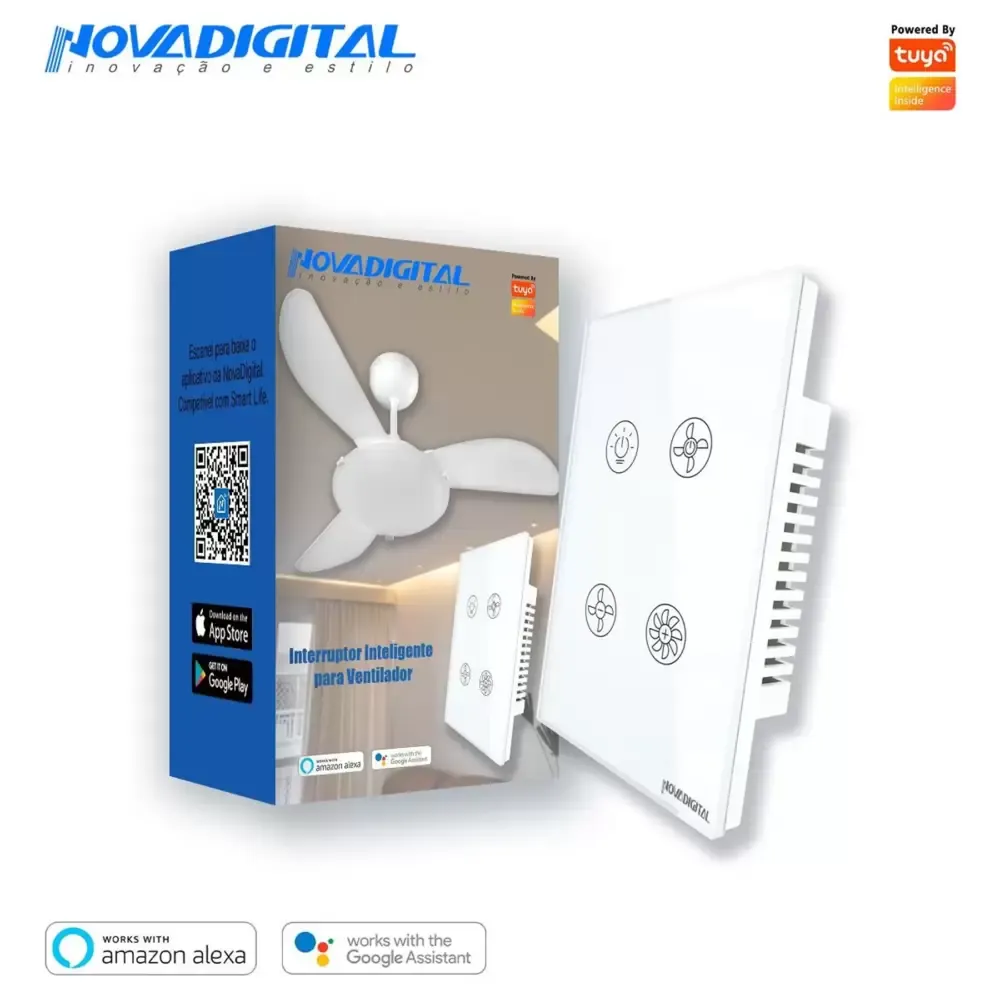 Espelho placa 4 Interruptor ventilador Inteligente SMART Wi-Fi CASA INTELIGENTE
