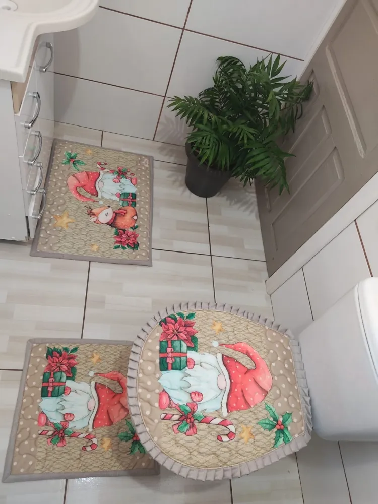 Jogo de Tapete Banheiro - Natal Fundo Bege Imagem