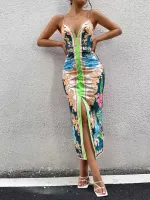 Vestido Cami Barroco E Estampa Tropical Coxa dividida - Foto 2