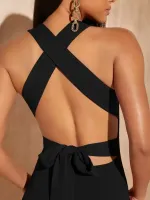 Vestidos Sólido Criss cross Amarrado sem costas Bainha dividida - Foto 2