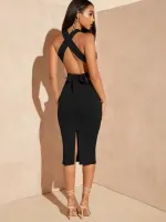 Vestidos Sólido Criss cross Amarrado sem costas Bainha dividida - Foto 3