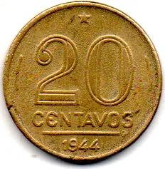 1944 - 20 Centavos - COM Sigla OM no Anverso - Moeda Brasil - Estado de Conservação: Soberba (Sob)