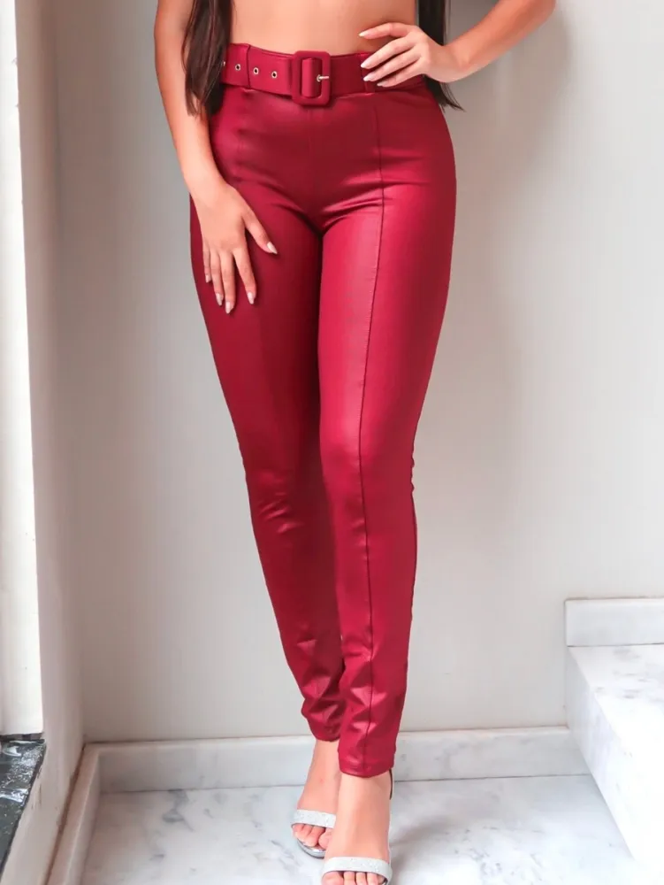 Calca Legging Feminina Com Cinto Tecido Cirre Cintura Alta