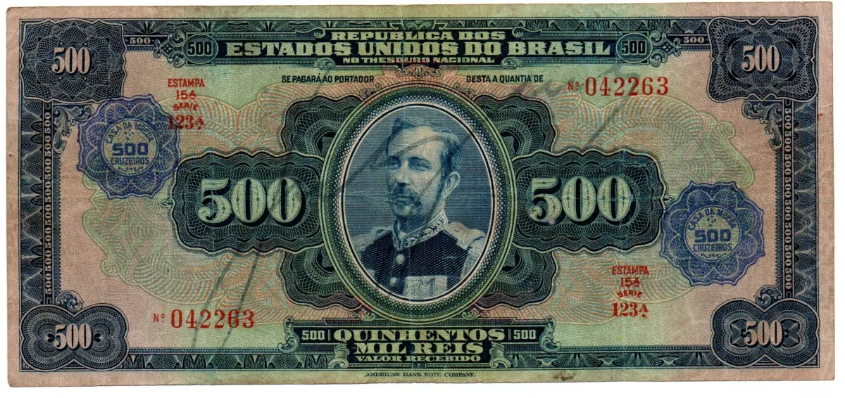 C008a - 500 Cruzeiros (Carimbo Sob 500 Mil Réis) - 15° Estampa - Assinada a mão / Autografada - Série 123 - Floriano Peixoto - Data: 1942 - MBC