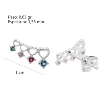 Brinco Prata Earcuff 4 Corações c/ Zircônias Coloridas penduradas - Foto 2