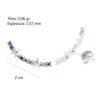 Brinco Prata Earcuff Estrelas alternando c/ Zircônias Colorida - Foto 2