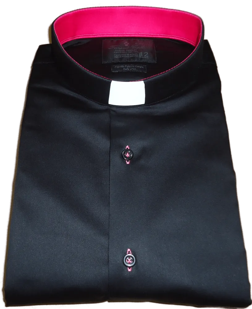 Camisa Clerical Romano Preta com Rosa Gola Padre  Algodão fio 80 Egípcio