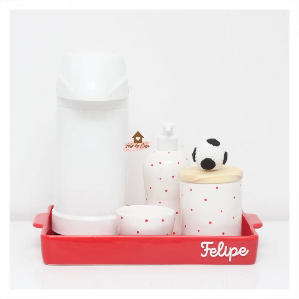 Futebol  - Kit Higiene Poá - 5 peças - Bandeja Retangular Cerâmica