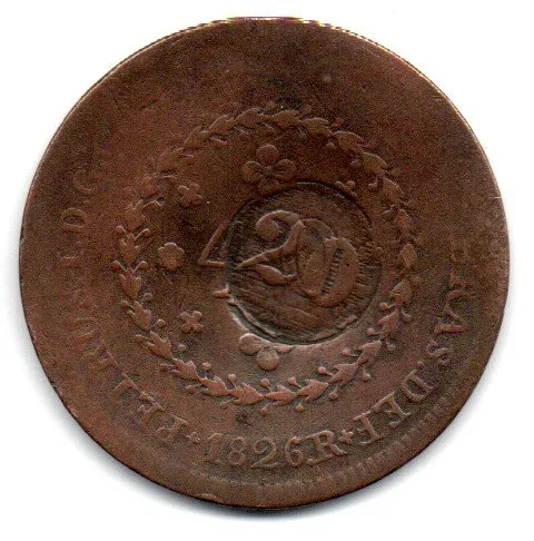 1826R - 40 Réis - C/ Carimbo Geral de 20 - Moeda Brasil Império