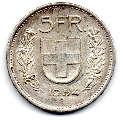 Suíça - 1954 - 5 Francs - Prata .835 - Aprox. 15g - 31mm Imagem