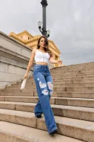 Calça Jeans Wide Leg Destroyed Revanche Feminina Azul - Foto 3