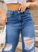 Calça Jeans Wide Leg Destroyed Revanche Feminina Azul - Foto 6