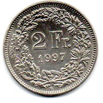 Suíça - 1997 - 2 Francs - C/ Dano de limpeza imprópria Imagem