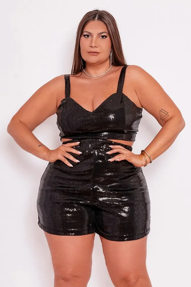 Conjunto Top Shorts Paetês It Curves Preto Imagem