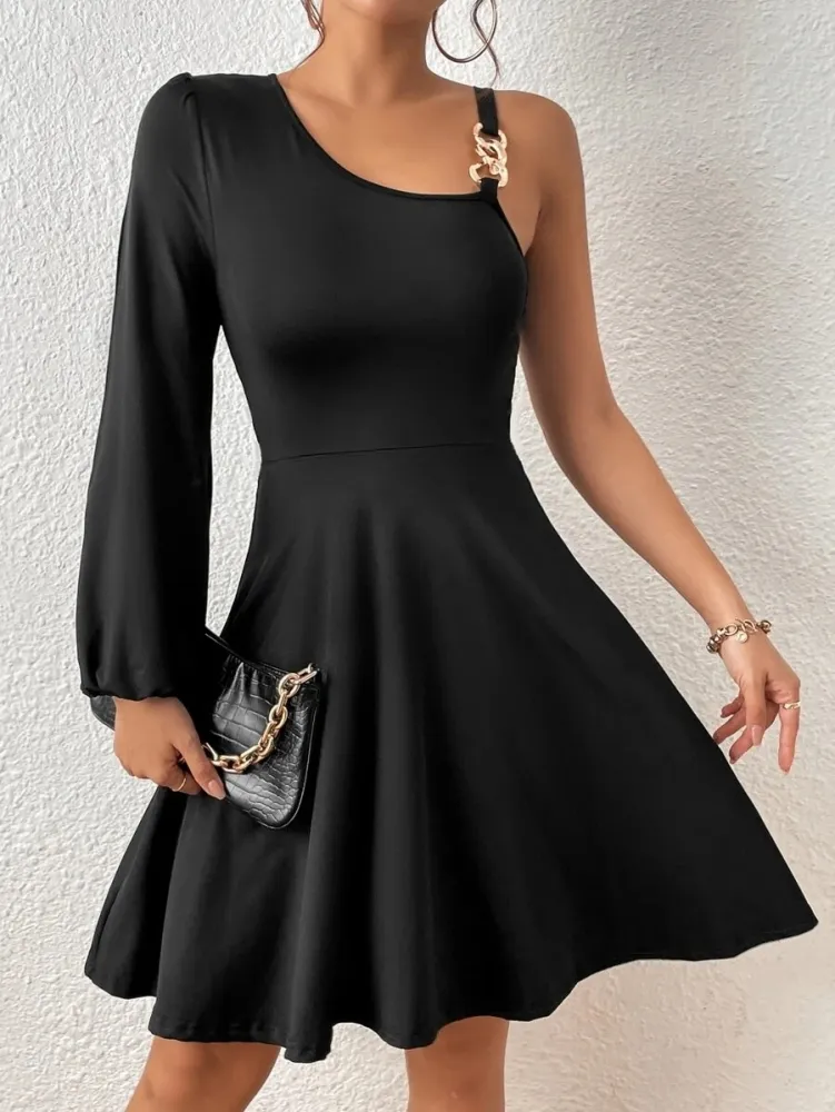 Vestidos Gola Assimétrica Manga da lanterna Imagem