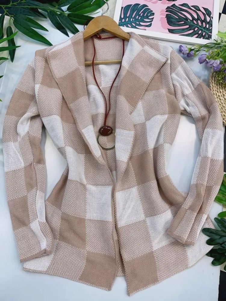  cardigan xadrez feminina de manga longa