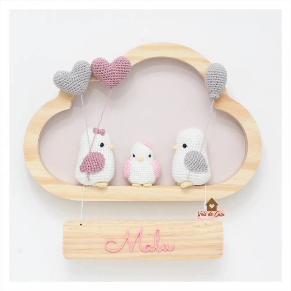 Passarinhos - 2 corações + 1 balão - Nuvem Média - Porta de Maternidade Imagem